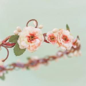 peach blossom flower crown, bridesm..