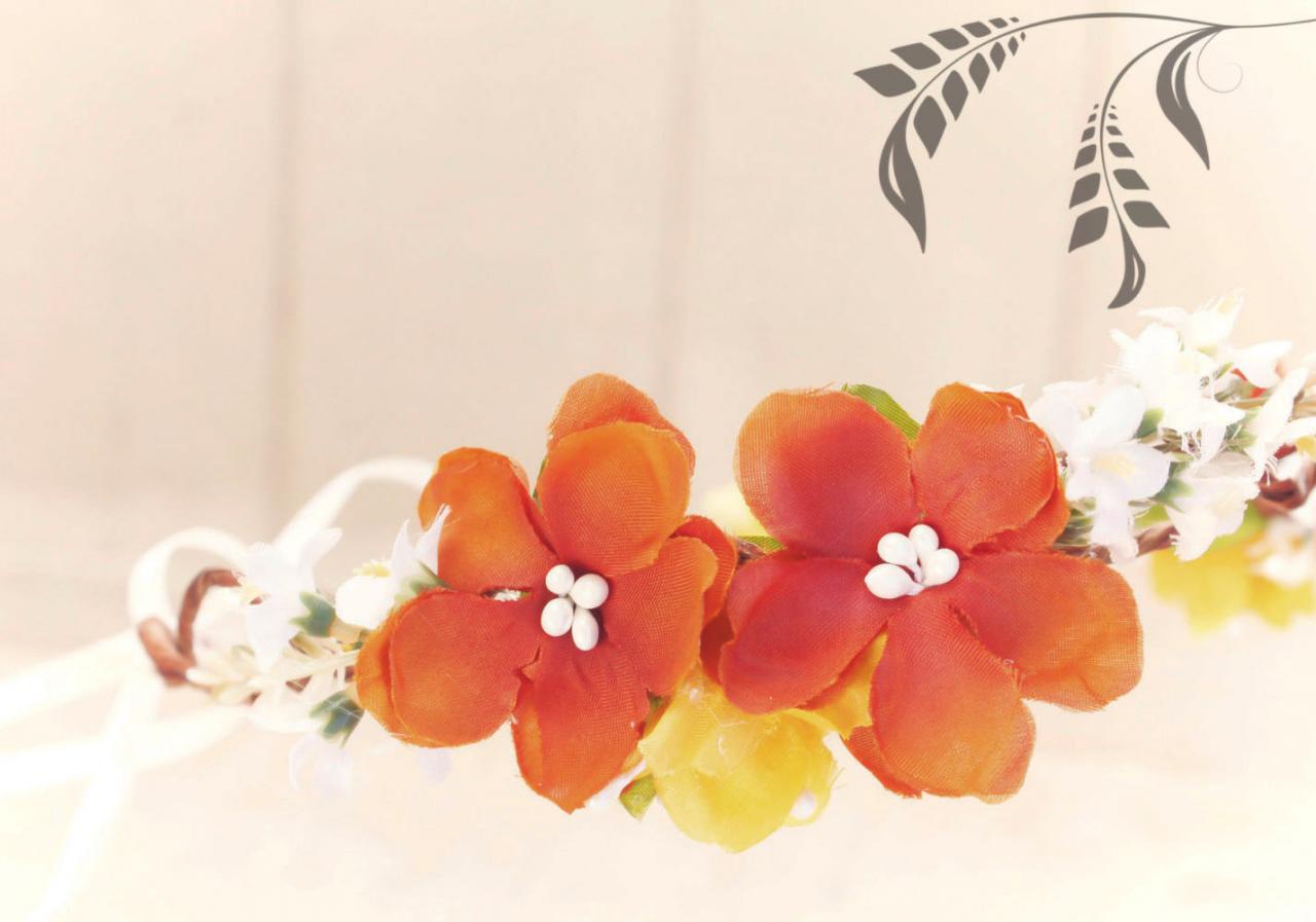 Orange Cherry Blossom Hair Crown, Fall Bridal Flower Crown, Autumn Wedding Headpiece, Hair Accessories, Flower Girl