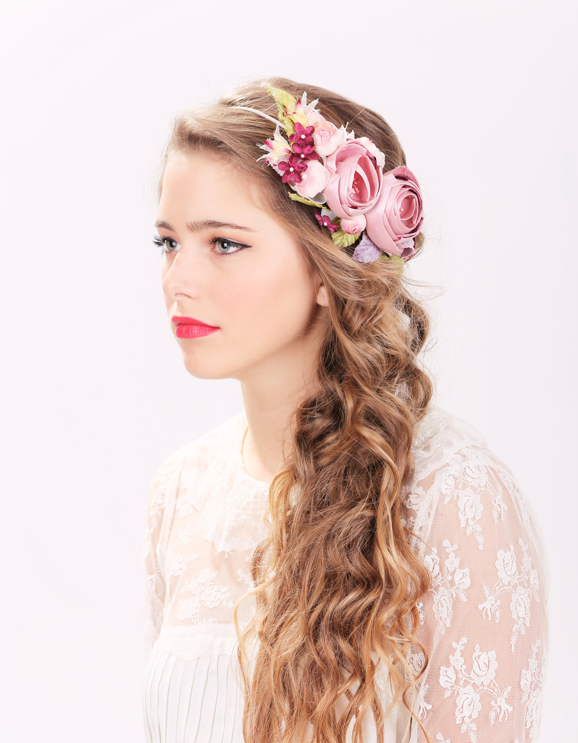 bridal flower hair crown, woodland wedding, pink flower, milinery flowerwedding hair accessories