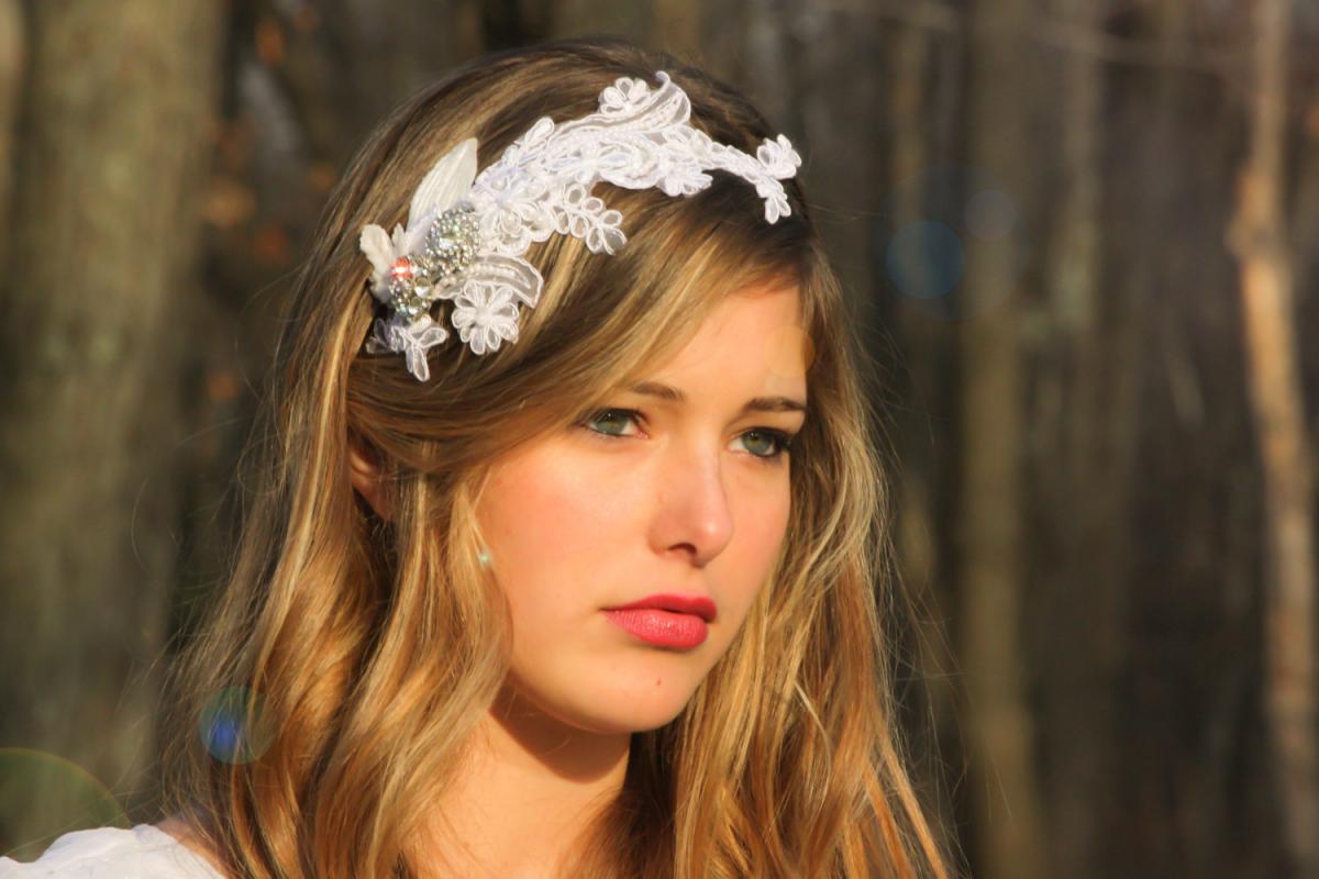 Bridal Headband, Lace Bridal Halo, Crystal Rhinestone Headpiece