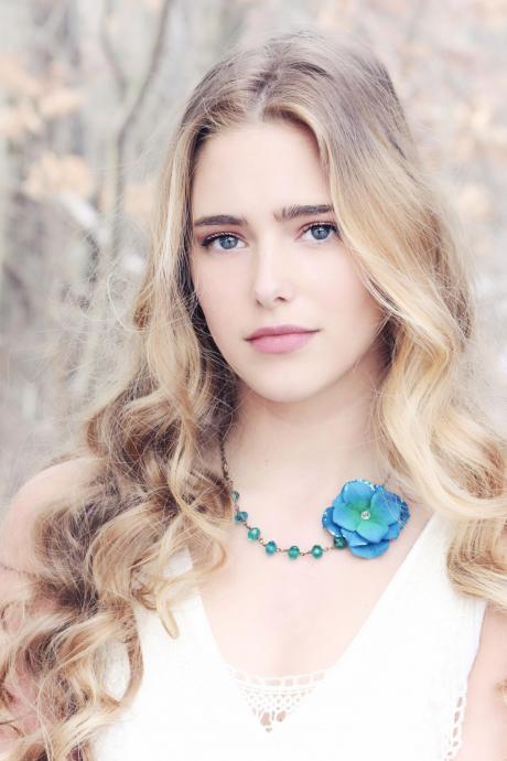 blue hydrangea flower necklace, teal color jewelry