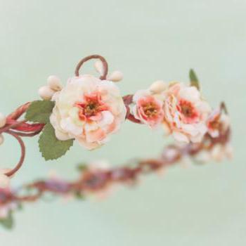 peach blossom flower crown, bridesmaid headpiece, floral head piece