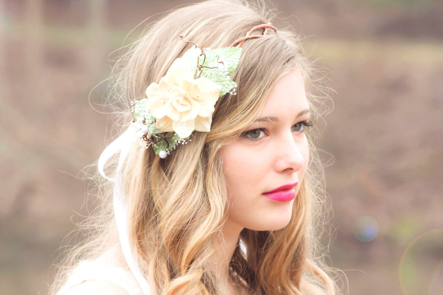 Wedding Headpiece Ivory Flower Crown Natural Pine Cone Rose